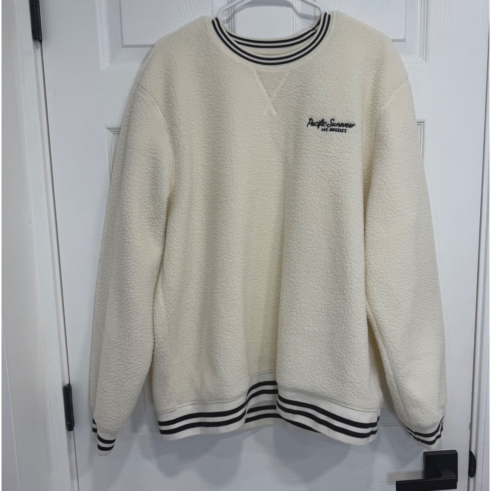 PacSun Mens Cream Sherpa Fleece Pullover Sweatshirt Striped Trim Large L